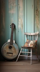 A rustic banjo resting against a worn wooden chair in a cozy music room essential - obrazy, fototapety, plakaty