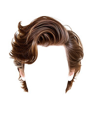 Random man hair wig, brown hair styled in waves and curls white background hipster hair fringe brown neat hair, boy hair