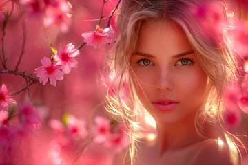 Naklejka premium A woman with a pink flower in her hair stands by a blooming tree