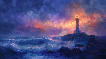 A lighthouse on a rocky coast with stormy sea
