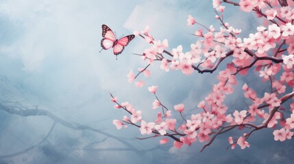 Pink cherry blossom flowers with a pink butterfly