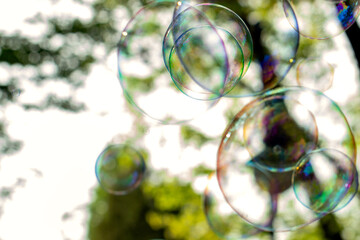 soap bubbles close-up on a background of sun and greenery, abstract background, positive mood,...