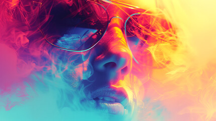 A woman's face is shown with smoke and a pair of sunglasses