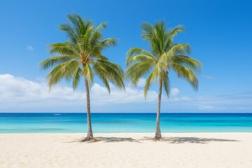 Two palm trees on a beach with white sand and blue ocean