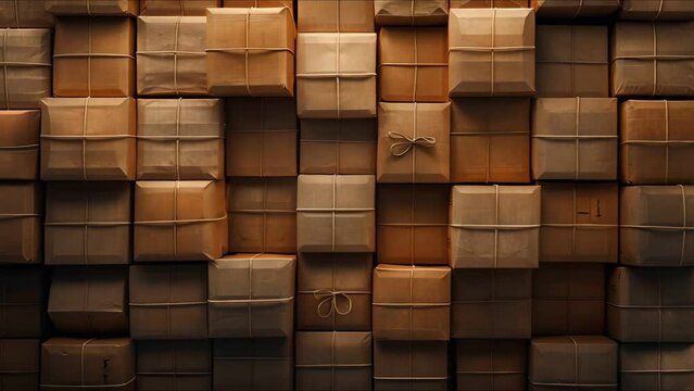 Neatly stacked brown boxes, with container, shipping theme