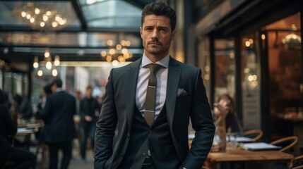 A man in a suit standing in a restaurant looking at the camera