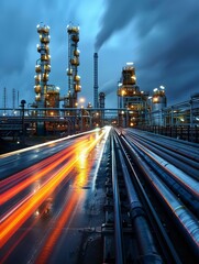 Oil refinery at night with light trails from traffic