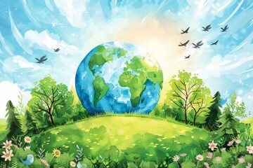 Naklejka premium Illustration of a green planet Earth with blue sky and trees