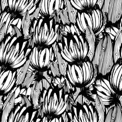 black and white outline drawing for filling surfaces. seamless tulip wallpaper hand drawn