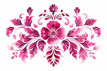 Vibrant Pink Floral Motif Illustration with Decorative Leaves and Petals. Design for background, graphic design, print, poster, interior, packaging paper
