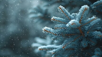 Close up of snow covered pine tree branches with blurred background