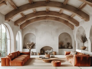 Villa interior design, white wall with wood arched ceiling, living room mockup background template presentation scene, orange sofa and coffee table near fireplace