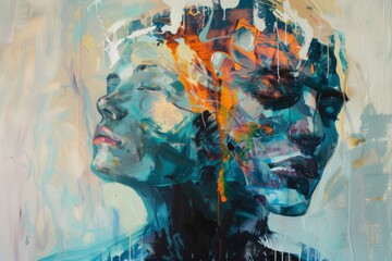 The painting is of two people with one of them looking away