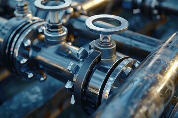 Fototapeta premium Pipeline valves section close-up. Technological background for the gas, oil or pipe industry.