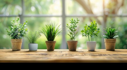 Wooden table top with pot plants blurred background for products