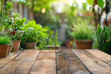 Wooden table top with pot plants blurred background for products