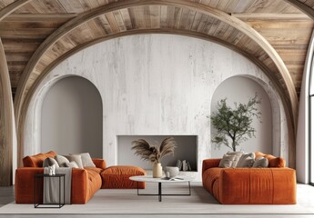 Villa interior design, white wall with wood arched ceiling, living room mockup background template presentation scene, orange sofa and coffee table near fireplace