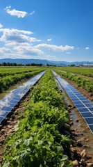 Obraz premium A field of solar panels in a lush green field