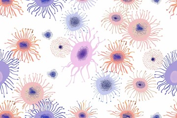 Colorful pattern of various bacteria on white background, microscopic world of diverse microbial life forms and shapes