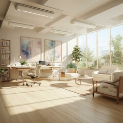 Fototapeta premium An illustration of a modern office with a large window, a desk, a sofa, and a coffee table