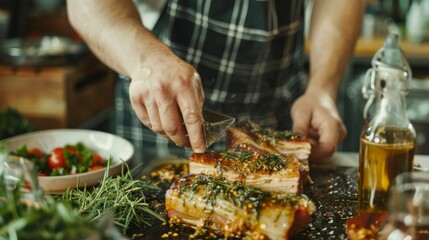 A chef preparing a marinade for triple-layer pork belly, blending savory spices and aromatic herbs for maximum flavor infusion.