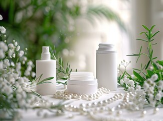 White cosmetic bottles with green leaves and white flowers
