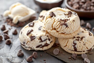 Selection of chocolate sweets - donut, ice cream, cookies, top view. Beautiful simple AI generated image in 4K, unique. - obrazy, fototapety, plakaty