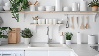 Interior of modern kitchen with white counters, shelf, sink and utensils