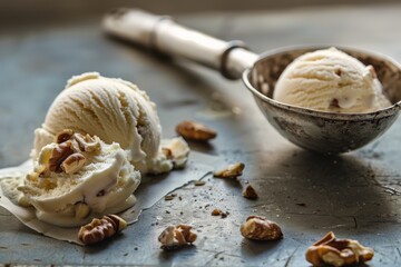 Fototapeta premium Three different flavored ice-cream scoops. Beautiful simple AI generated image in 4K, unique.