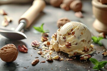 Ice-cream with chocolate on a white wooden background. Top view. Free space for your text.. Beautiful simple AI generated image in 4K, unique. - obrazy, fototapety, plakaty