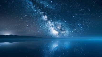 Fototapeta premium Amazing view of the night sky full of stars and the Milky Way reflecting on the calm water surface
