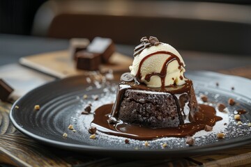 Ice-cream with chocolate on a white wooden background. Top view. Free space for your text.. Beautiful simple AI generated image in 4K, unique.