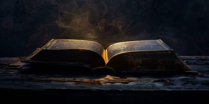 Open old book with magic light