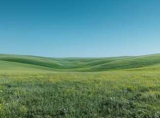 Fototapeta premium Green rolling hills with yellow wildflowers under blue sky