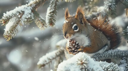 A squirrel family gathering pine cones among frost-covered trees, the intricate details of the snowflakes and the warm hues of their fur painting a picture of life thriving in the cold.