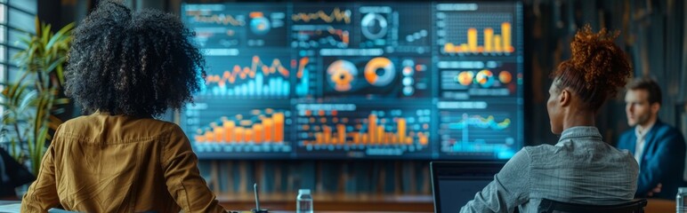 Company Operations Manager Holds Meeting Presentation. Diverse Team Uses TV Screen with Growth Analysis, Charts, Statistics and Data. People Work in Business OfficeCompany Operations Manager Holds Mee