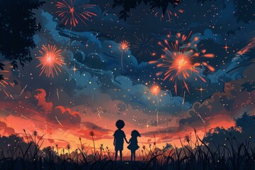 Fototapeta premium Boy and girl watching fireworks at night