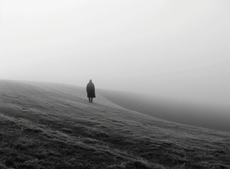 Person walking towards horizon in a foggy landscape
