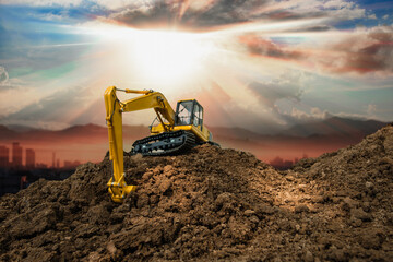 Crawler excavators with are digging the soil in the construction site on the sunlight  backgrounds