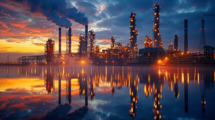 Fototapeta premium Oil refinery at dusk with a beautiful sky and river reflecting the scene