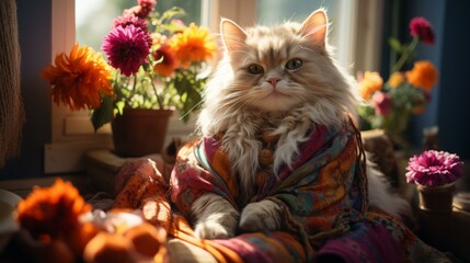 A ginger cat wearing a colorful scarf is sitting in front of a window.