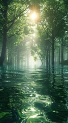 Fototapeta premium The sun shines through the green trees and reflects on the water in the forest