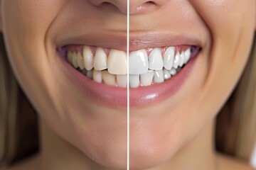 Before and after teeth whitening comparison close-up. Studio photography with detailed focus on dental transformation. Dental care and cosmetic dentistry concept