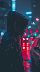 Side view of a person wearing a hoodle while they are out and about in the dark on a roadway with...