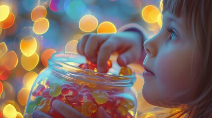 A child's hand reaching out to grab a candy from a jar, their eyes sparkling with excitement and anticipation of the sugary delight. - Powered by Adobe