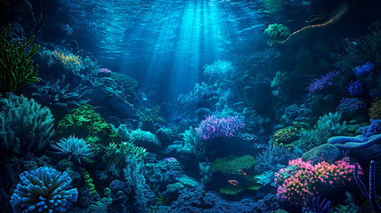 Undewater view of clear blue ocean with colorful corals.