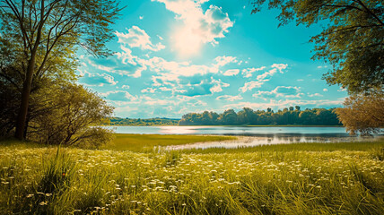 Serene green field with a lake under serene blue sky during a summer or spring day.