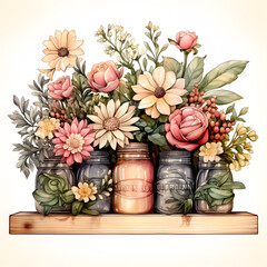 Obraz premium A beautiful modern clip art of a beautiful Flower Wooden crates with mason jar, freshy colourful, overflowing with assorted blooms and greenery, beautiful wedding style, single objects, isolated on w