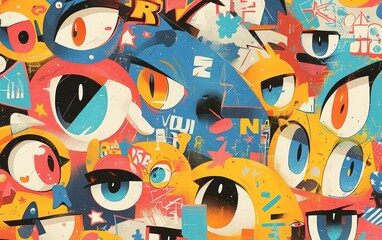 A vibrant graffiti mural depicting cartoon characters with oversized eyes and expressive faces in the style of graffiti art, with exaggerated expressions and bold colors, on an urban wall backdrop.