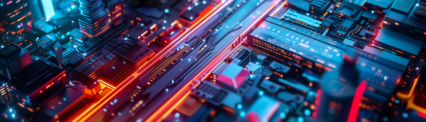 Capture a mesmerizing birds-eye view of futuristic technologies merging seamlessly with bold